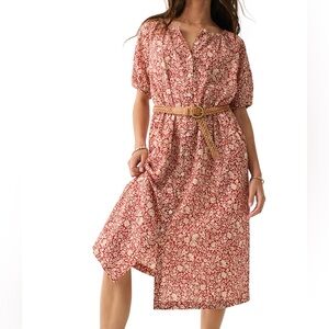 NWOT! Faherty (XS) Red/ Cream Carmel Floral Print Organic Cotton Midi Shirtdress